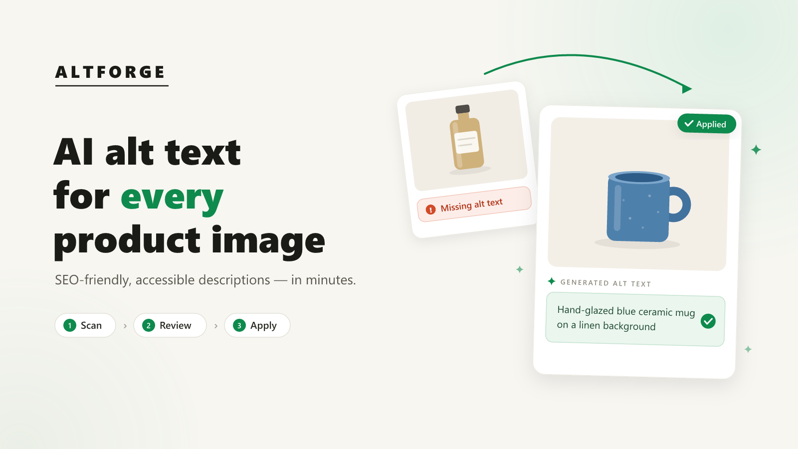 AltForge feature graphic showing AI alt text for product images