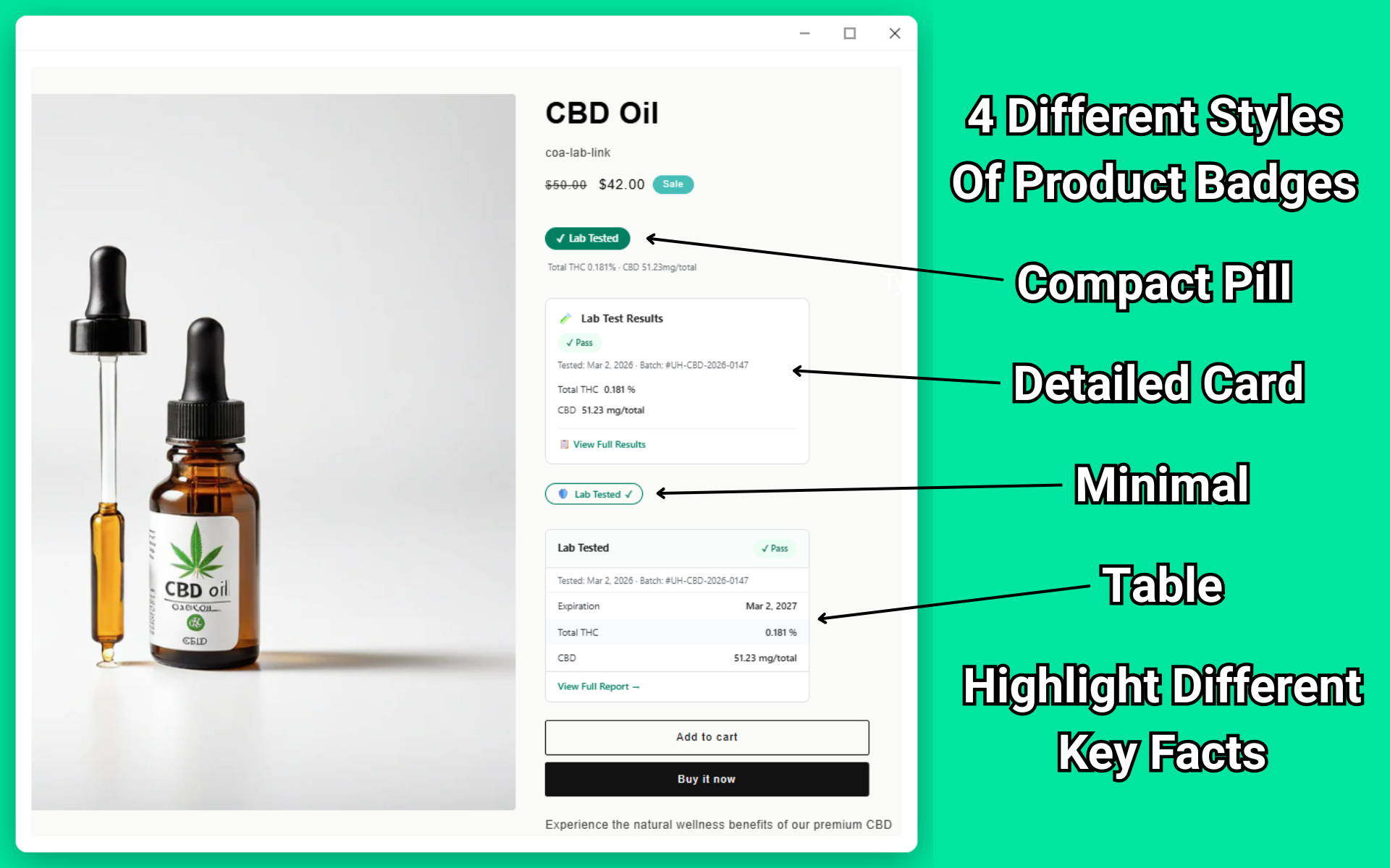 Lab tested badge on a Shopify product page
