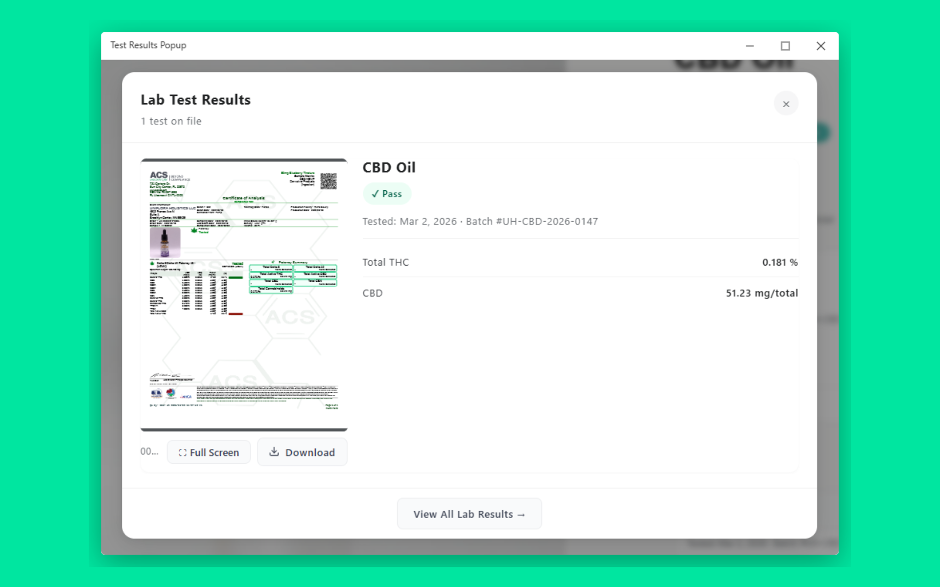 Lab results popup viewer with PDF viewer